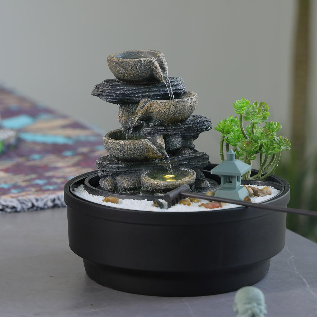 Indoor Tabletop Water Fountain with LED Lights & Pagoda (Gray_rock / 8.5 Inch)