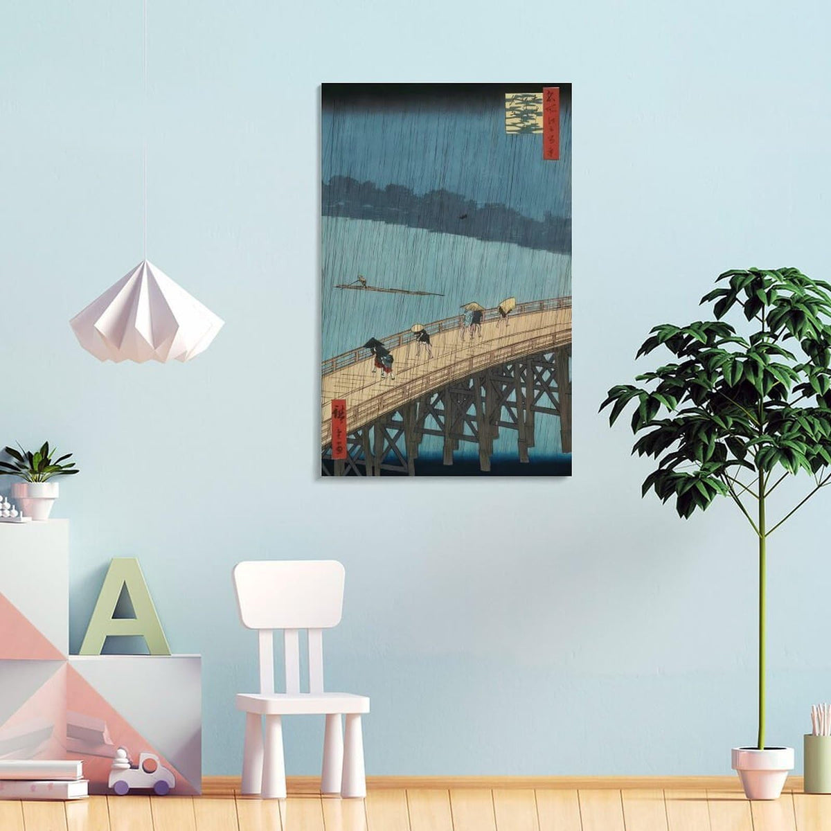 Hiroshige Ohashi Bridge In The Rain Canvas Printing Wall Art Ukiyoe Japanese Landscape Prints Vintage Blue River Bridge Scene Posters Wall Decor For Living Room Bedroom Office 20x30inch (style-9 / 20x30inch(50x75cm) Frame)