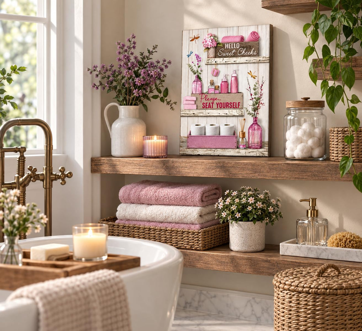 Pink Bathroom Canvas Wall Art 12x16Inches (Pink Canvas / 16"L x 12"W)