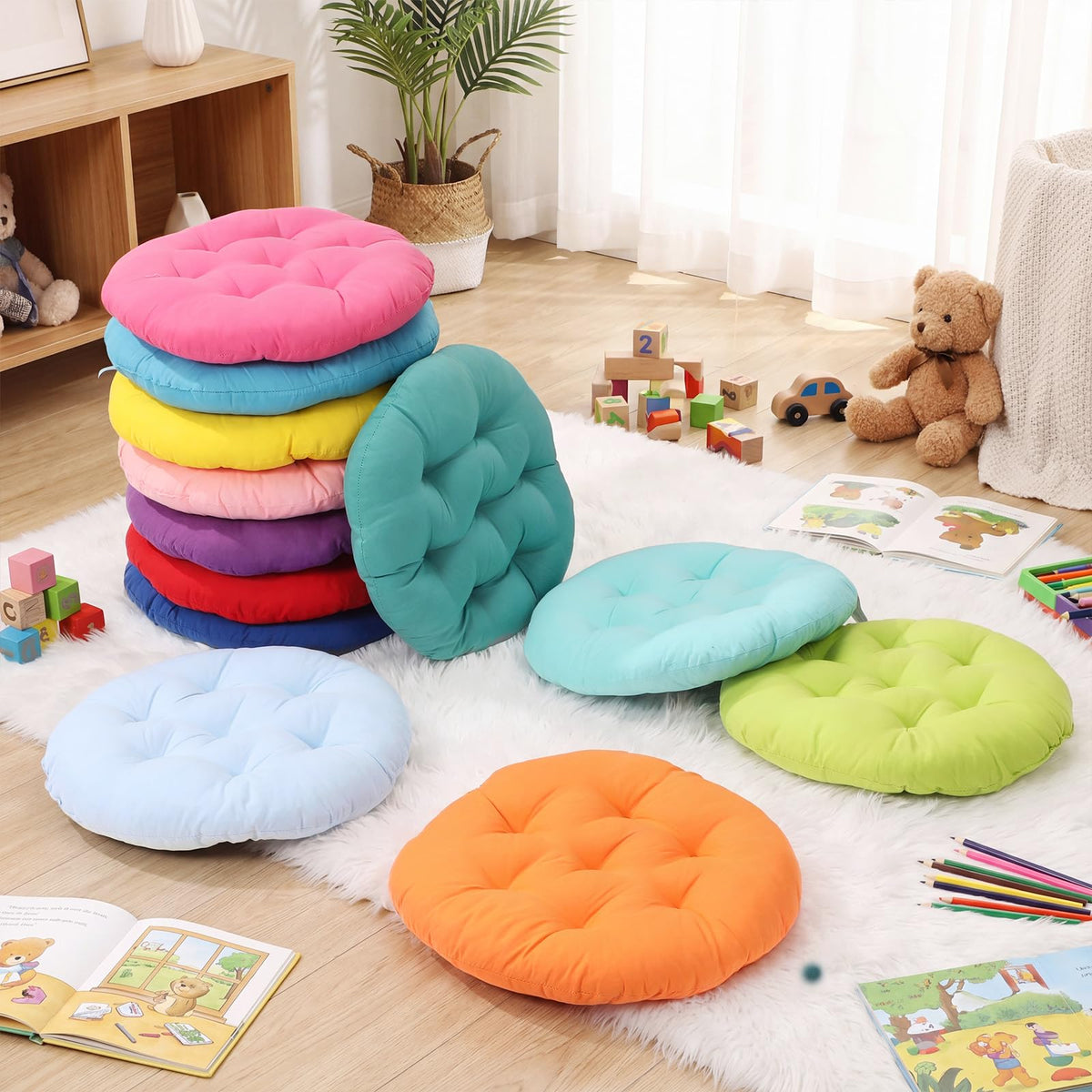 12 Pcs Round Floor Pillows Cushions Seating 16 x 16 Inches Floor Round Cushions for Kids Toddlers Flexible Reading Chair Pillows for Classroom Home School Playing Supplies (Classic Color)