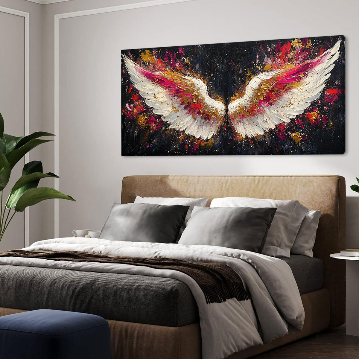 Multicolor Angel Wings Wall Art for Living Room Office Divine Inspiration Splatter Paint Art Painting Prints Contemporary Canvas Artwork Dining Bedroom Decor Extra Large (Contemporary / White Gold Red Angel Wings Wall Art / 58L" x 28W")
