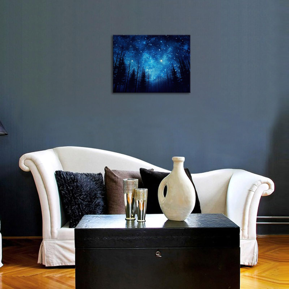 Blue Starry Night Forest Tree Silhouette Canvas Wall Art Nature Picture Prints for Bathroom Bedroom Living Room Kitchen Office Home Decoration Framed Ready to Hang 12" x 16" (16"L x 12"W / Forest 02)