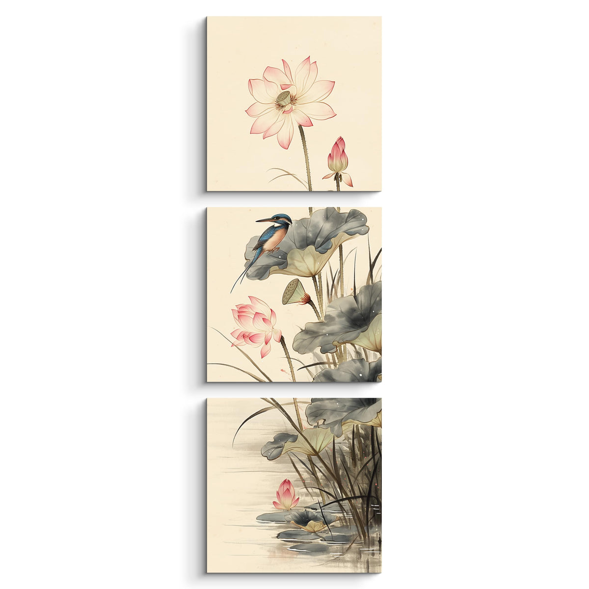 3Pcs Traditional Chinese Lotus Flower Kingfisher Canvas Wall Art Print Pink Blooming Lotus Asian Pictures Prints for Living Room Bedroom Bathroom Decor Zen Botanical Artwork Ready to Hang (Lotus and Kingfisher / 16x16inchx3)