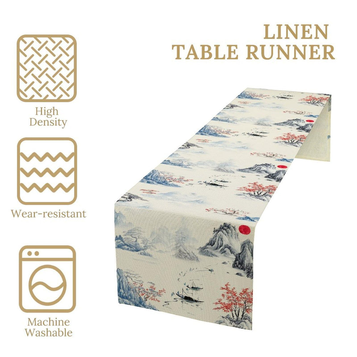 Chinese Ink Mountain Table Runner (13x90inch / Blue Mountain Boat)