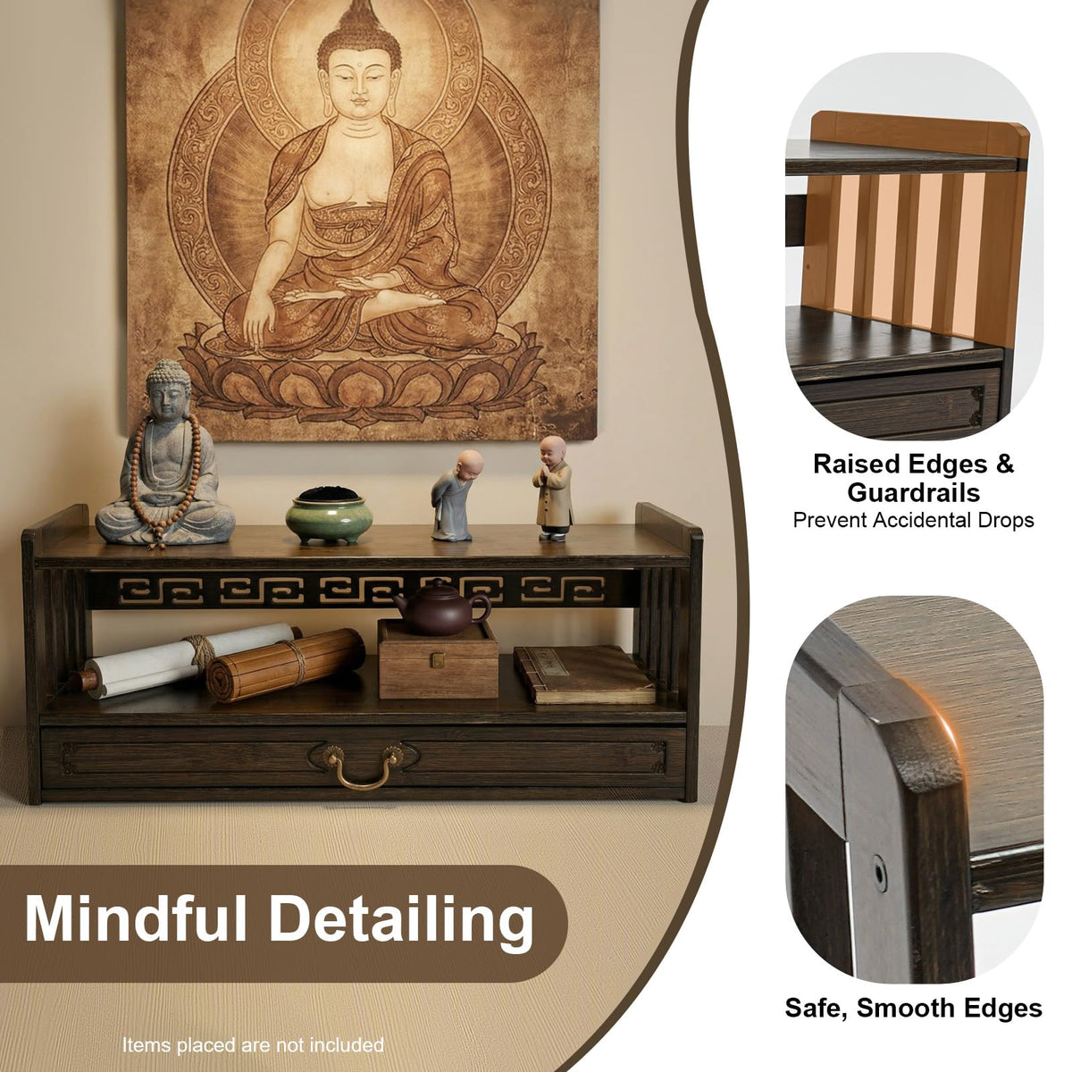Low 3 Tier Meditation Table with Drawer (Walnut Color / 27.2”W)