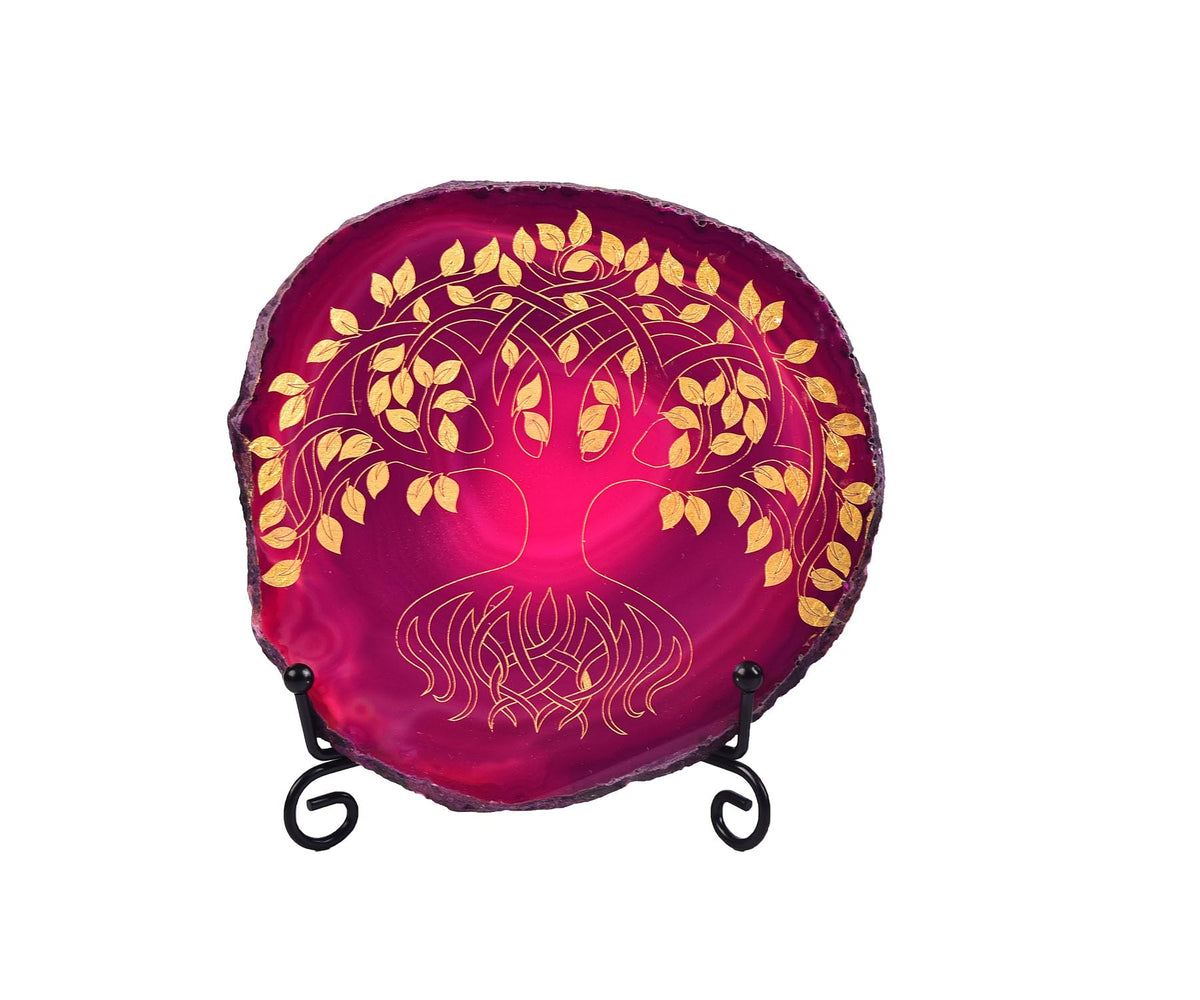 Rose Pink Laser Agate Slice with Tree of Life (Pink Tree of Life 02 / 4-5 INCH)