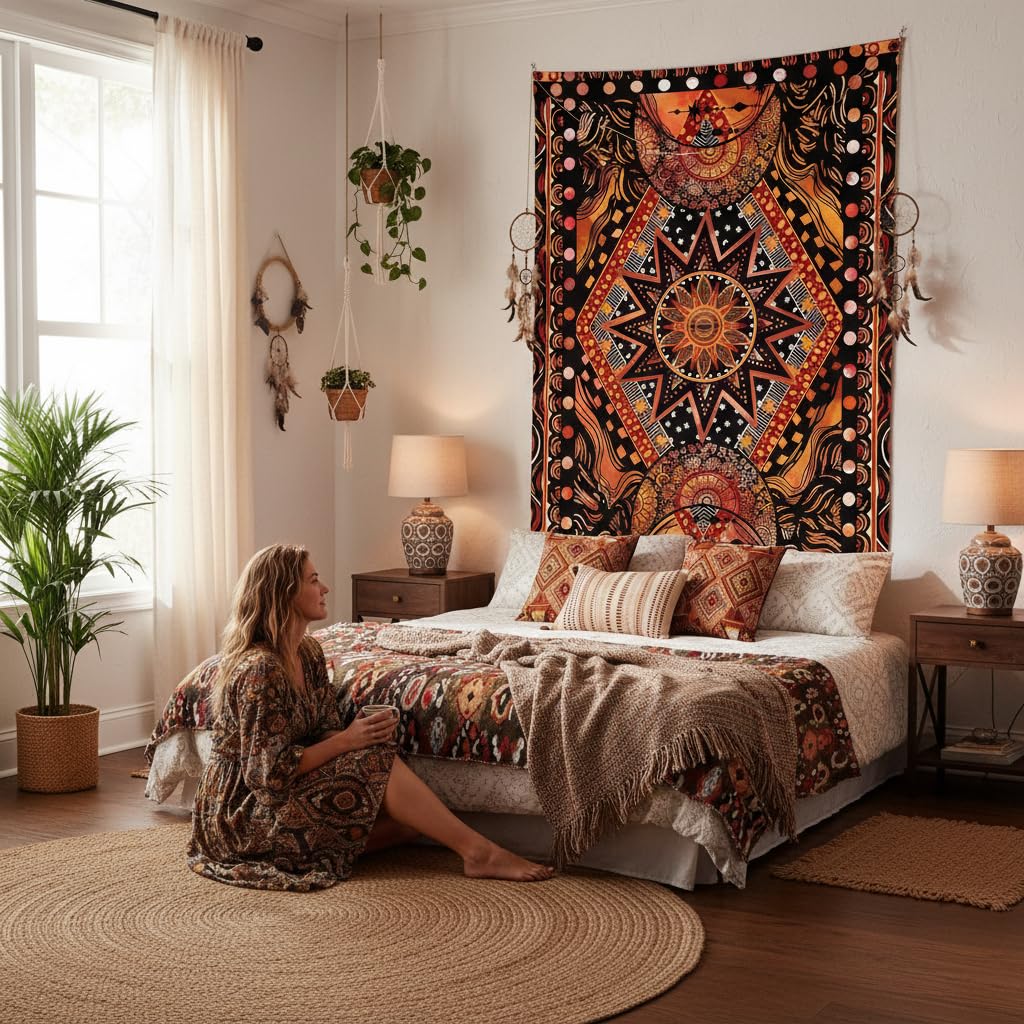 Orange Sun and Moon Tapestry Wall Hanging (Orange / 60"L x 50"W)