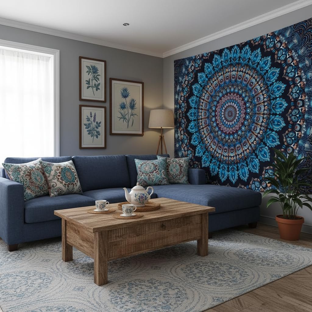 Blue Mandala Tapestry Wall Hanging Vintage Medallion Tapestry Aesthetic Hippie Boho Floral Cool Cute Large Tapestries for Bedroom Living Room Dorm Wall Decor 80 x 60 Inch (Bohemian / Navy Blue / 80"L x 60"W)