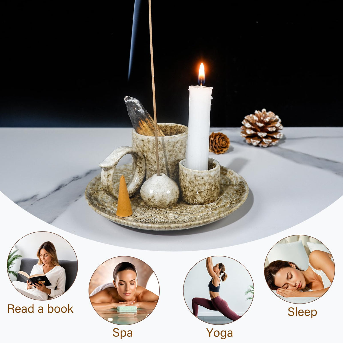 5 in 1 Ceramic Tabletop Incense Burner Holder for Palo Santo (Brown)