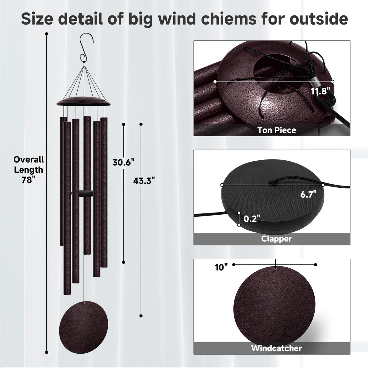 78" Extra Large Wind Chimes for Outside (Bronze / 78")