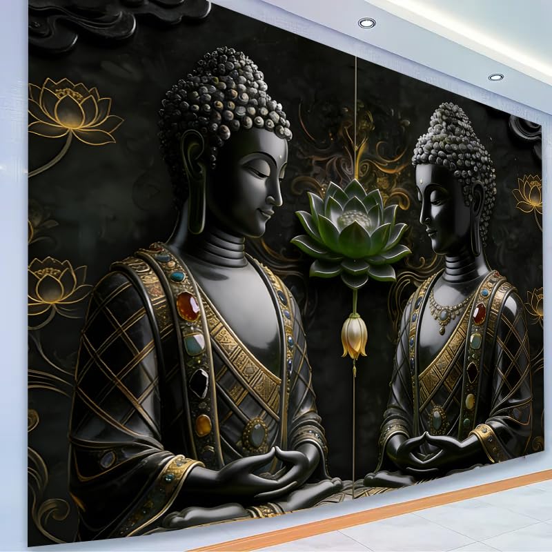 Black Vintage Sitting Buddha Tapestry Wall Hanging Buddhist Statue Tapestries Green Lotus Meditation Wall Decor Psychedelic Indian Zen Art for Bedroom Living Room Home Decor (Black2 / 79"L x 59"W)