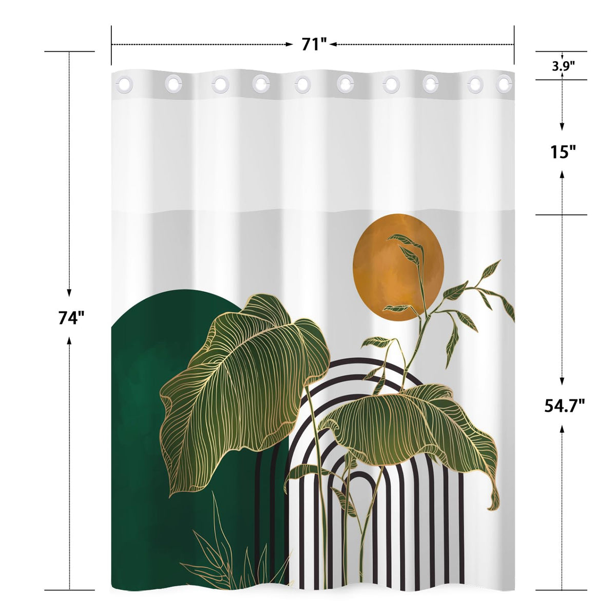 No Hook Shower Curtain with Snap in Liner Set (Boho Tropical Leaf)