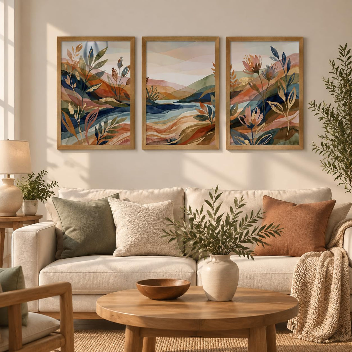 Abstract Landscape Framed Wall Art Set of 3 (Boho mountain floral / 24"L x 16"W)