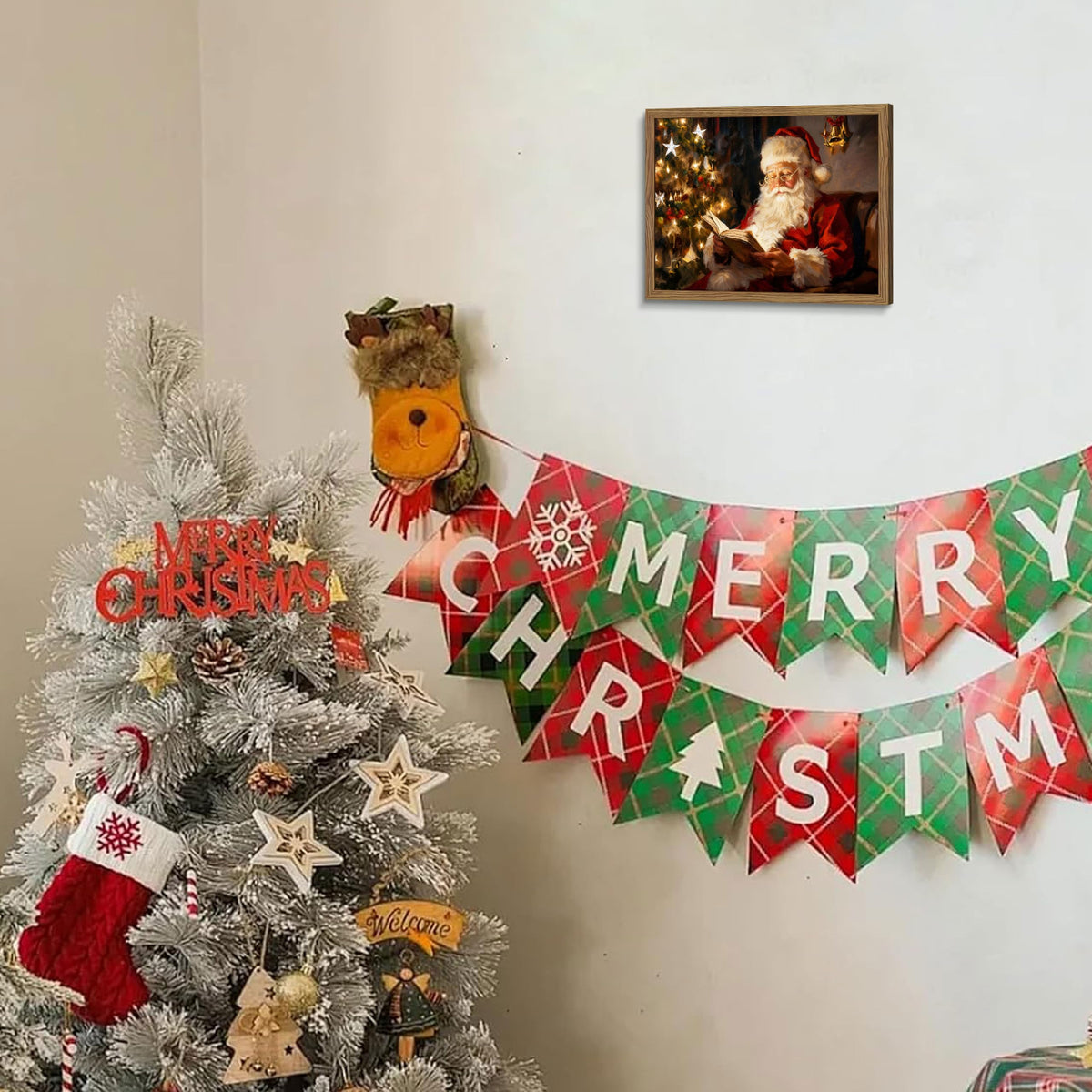 Vintage Christmas Canvas Wall Art (Santa Claus reading a book / 10"L x 8"W)