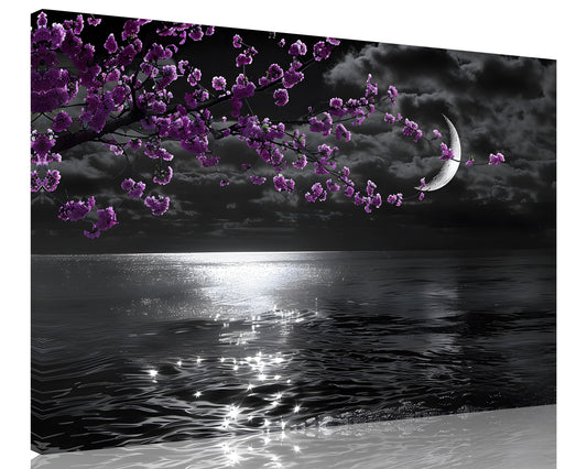 1 Panel Purple Picture for Bedroom Purple Bedroom Pictures Wall Decor Black and White Seascape Full Moon Purple Flower Print on Canvas for Home Decor Stretched and Framed 24x36 inch (36"L x 24"W / Purple Flower 9)