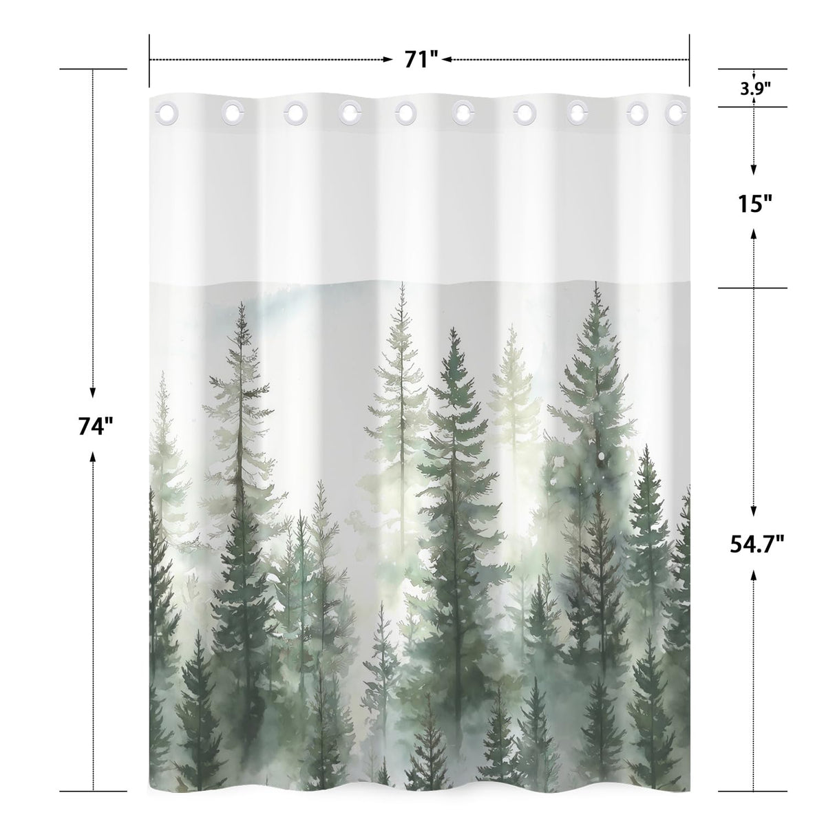 No Hook Forest Shower Curtain with Snap in Liner (Misty Woodland)