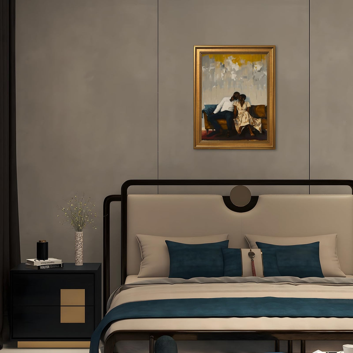 Gold Framed Black Couple Love Poster Prints Romantic African American Black Man & Woman Canvas Painting Wall Art Affectionate Romance Picture Anniversary Artwork for Bedroom Home Decor 20x30inch (20"L x 30"W / Black Lover)