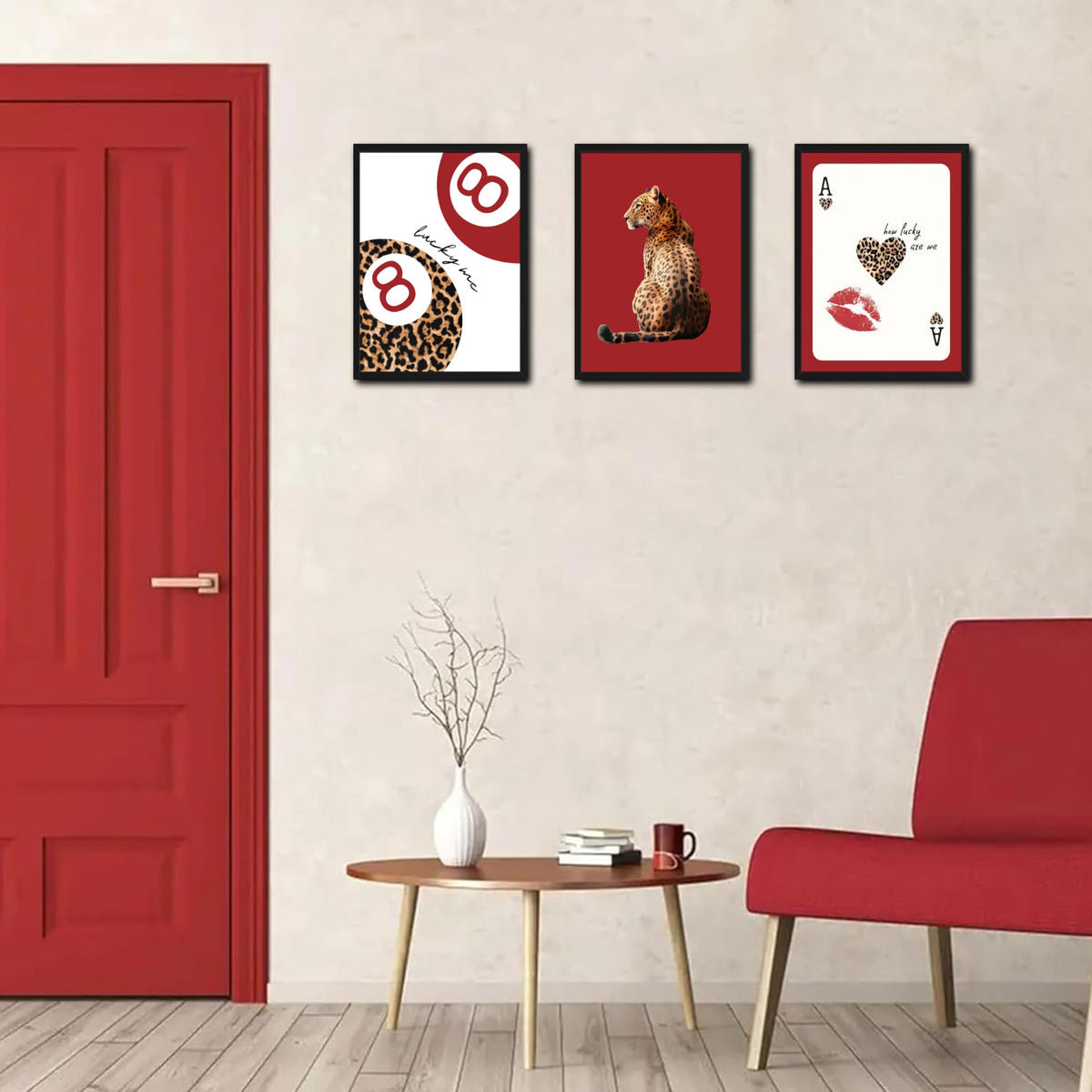 Framed Trendy Leopard Wall Art Set of 3 (Red Leopard / 24"L x 16"W)