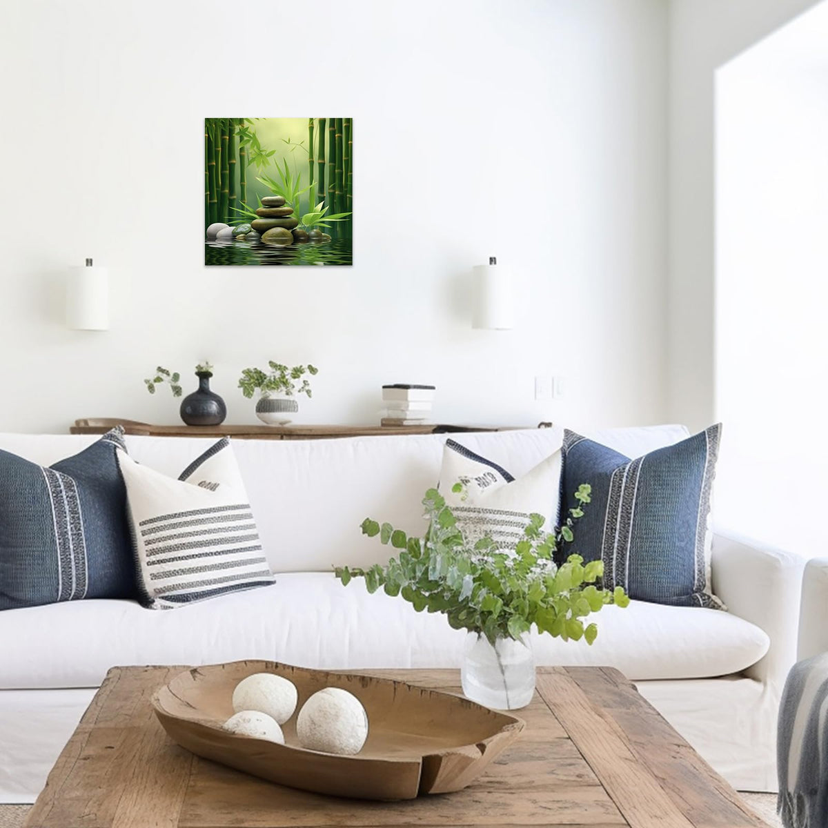 Green Zen Wall Art Stone Spa Pictures Bamboo Zen Bathroom Canvas Calming Meditation Print Relaxing Spiritual Yoga Room Office Decor Framed (D / 20"L x 20"W)