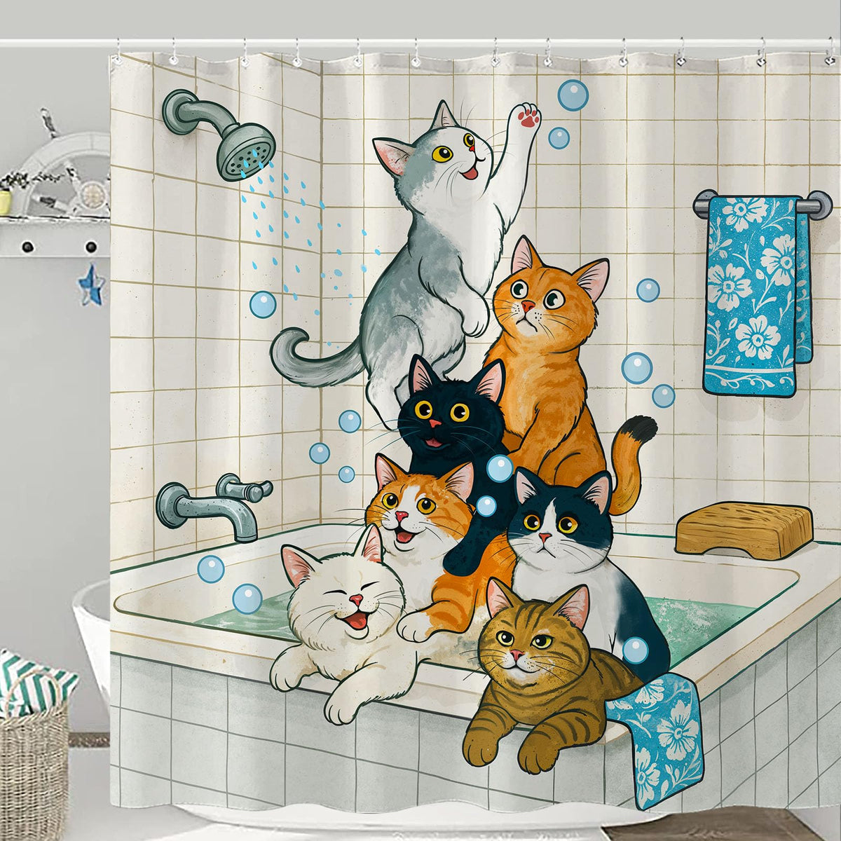Cozy Cat Shower Curtain Set Playful Bathtime Scene Waterproof Bathroom Shower Curtain Cute Animal Fun Print Inviting Home Decor 72x72 Inch (72"W x 72"L (Pack of 1) / Silver Gray)