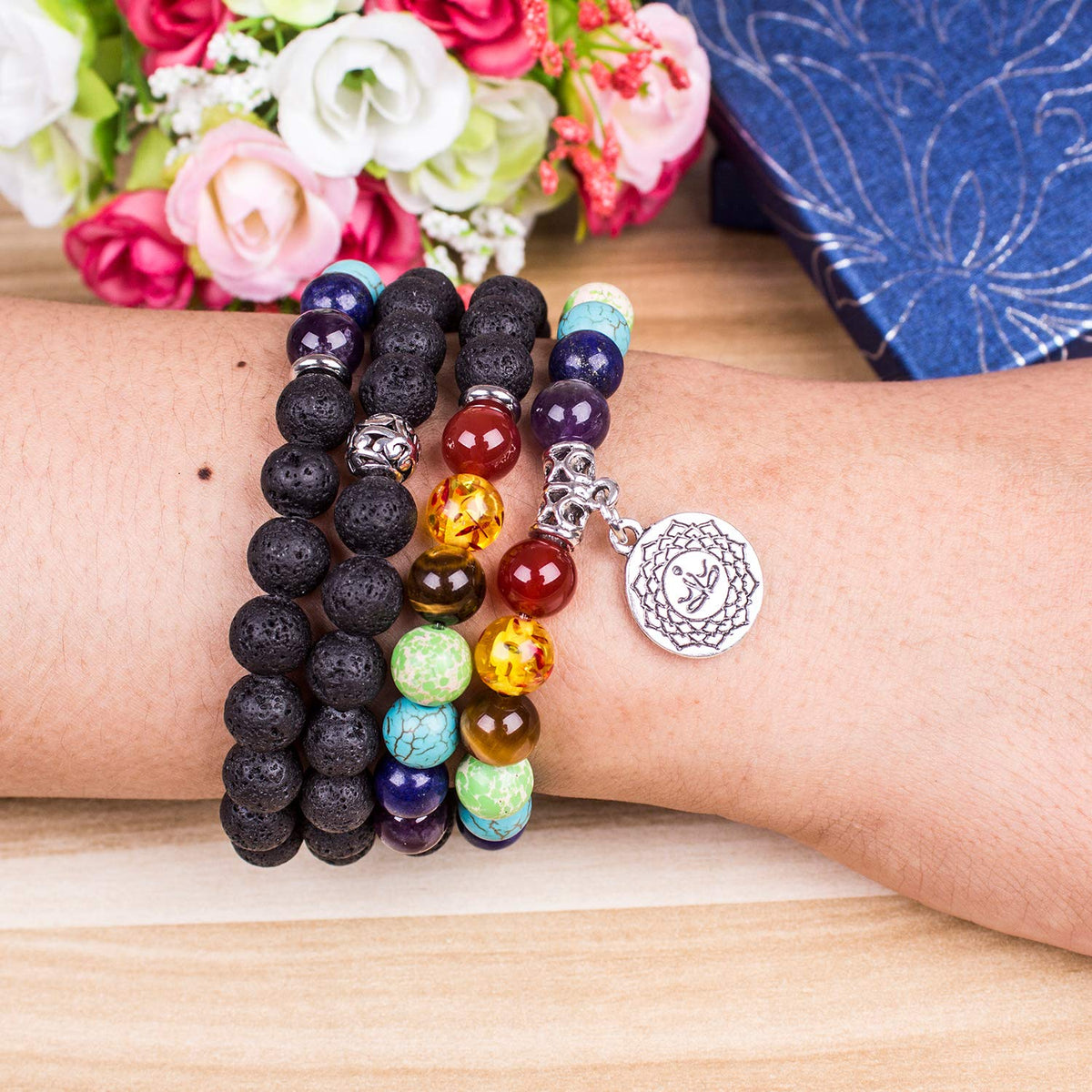Necklace 108 Mala Beads Bracelet Buddhist Prayer Pendant Necklace (Lava-OM Buddha)