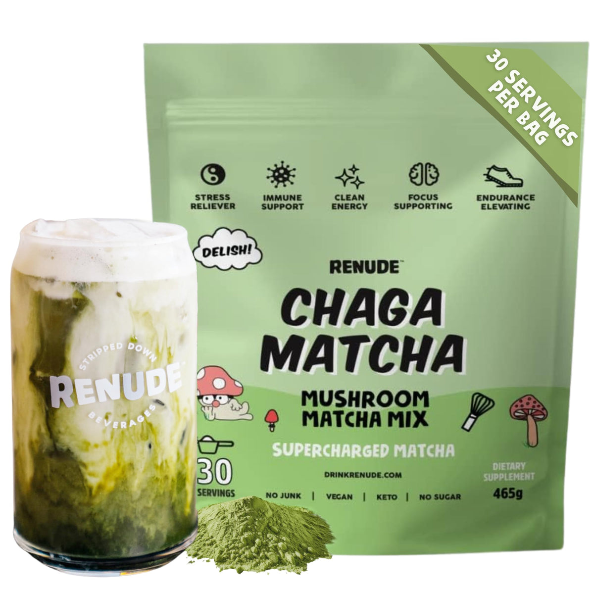 Chaga Matcha Ceremonial Grade Matcha Mushroom Powder (Chaga Matcha: 30 serving bag)
