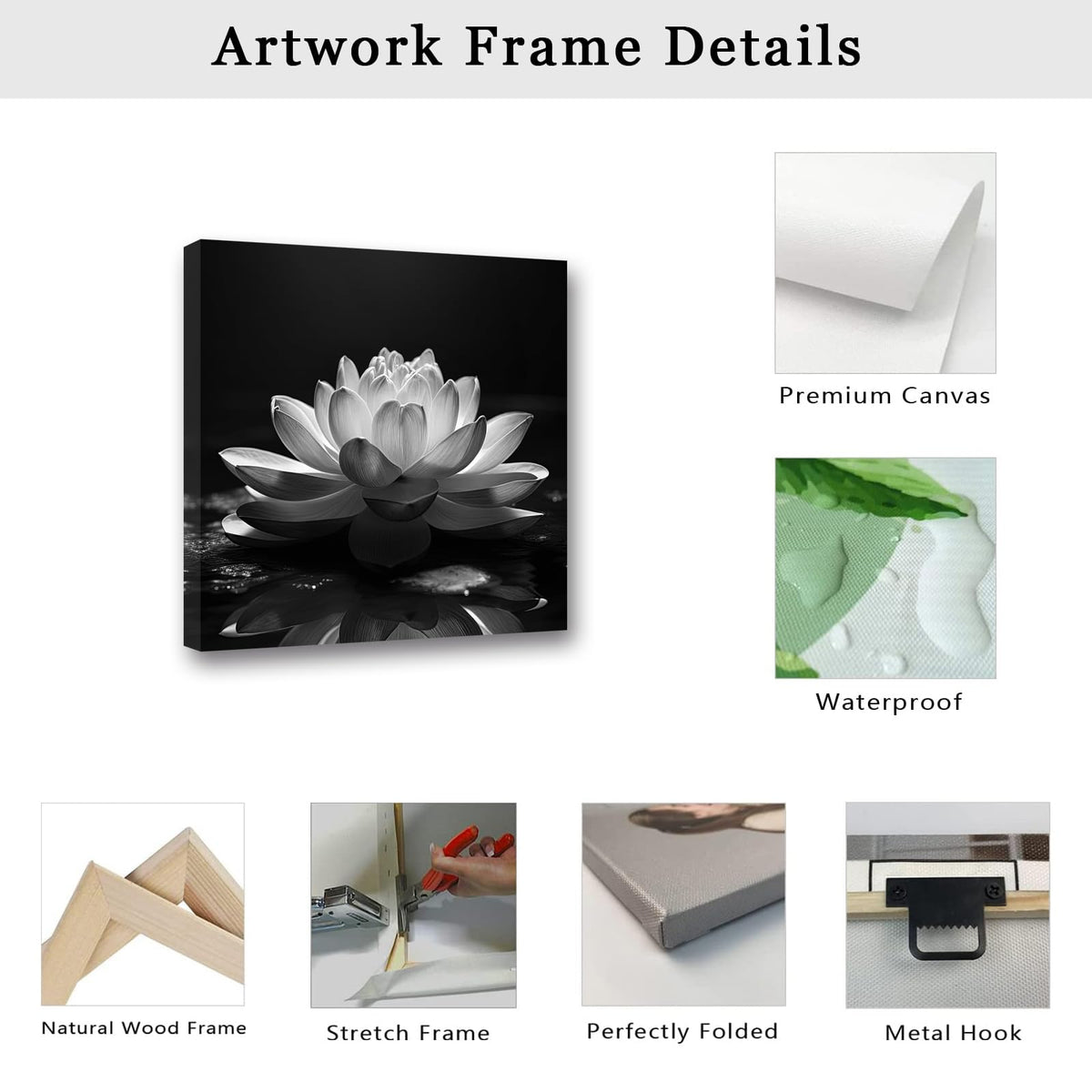 Black White Zen Canvas Wall Art Blossom Lotus Picture Water Lily Prints Spiritual Artwork for Bathroom Meditation Yoga Spa Room Decor (Picture-1 / 12"L x 12"W)