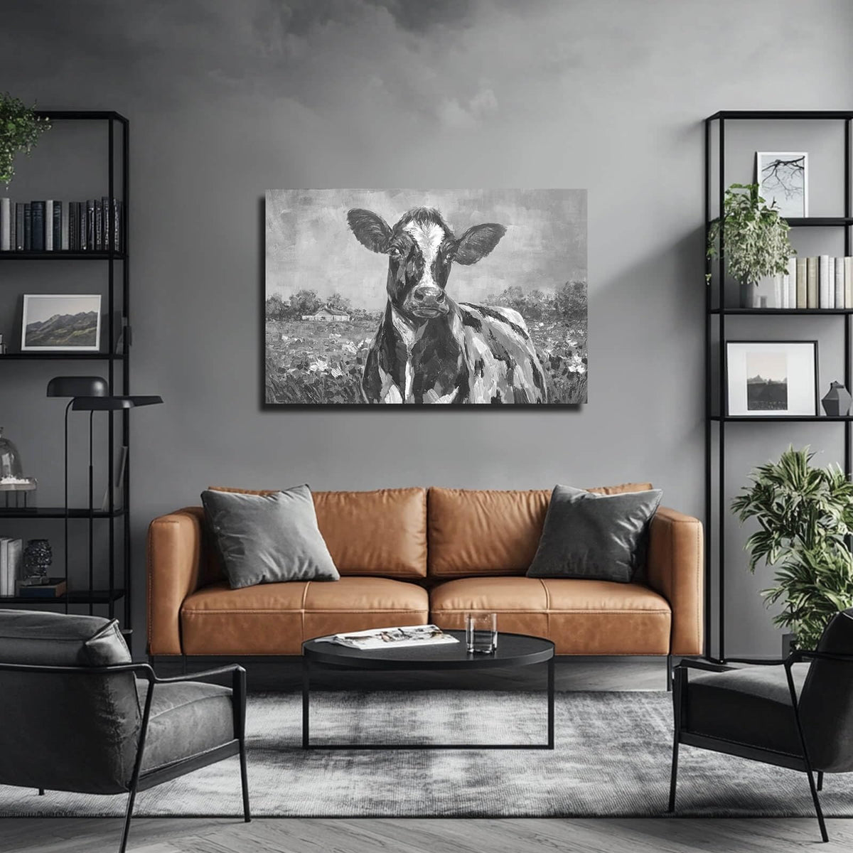 Funny Animal Wall Art Spring Pictures Wall Decor Grey Wall Decoration for Dining Room Living Room Office 24"×36" Ready to Hang (36"L x 24"W / Black & white cows)