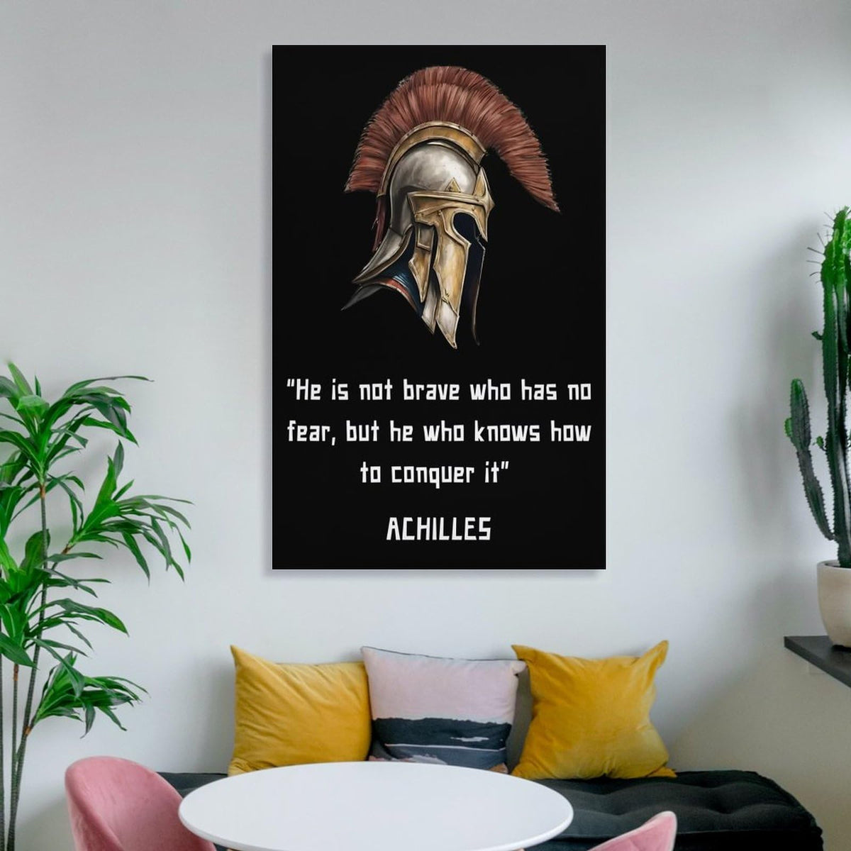 Achilles Brave Conquer Fear Motivational Quote Canvas Printing Wall Art Prints Wall Decor Posters Greek Warrior Helmet Minimalist Black Living Room Bedroom Office Gym 20x30inch (style-45 / 20x30inch(50x75cm) Frame)