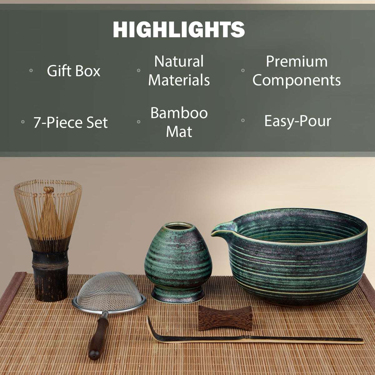 Matcha Set, 7-Piece Matcha Whisk Set with Bowl & 100-Prong Whisk (Dark Green)