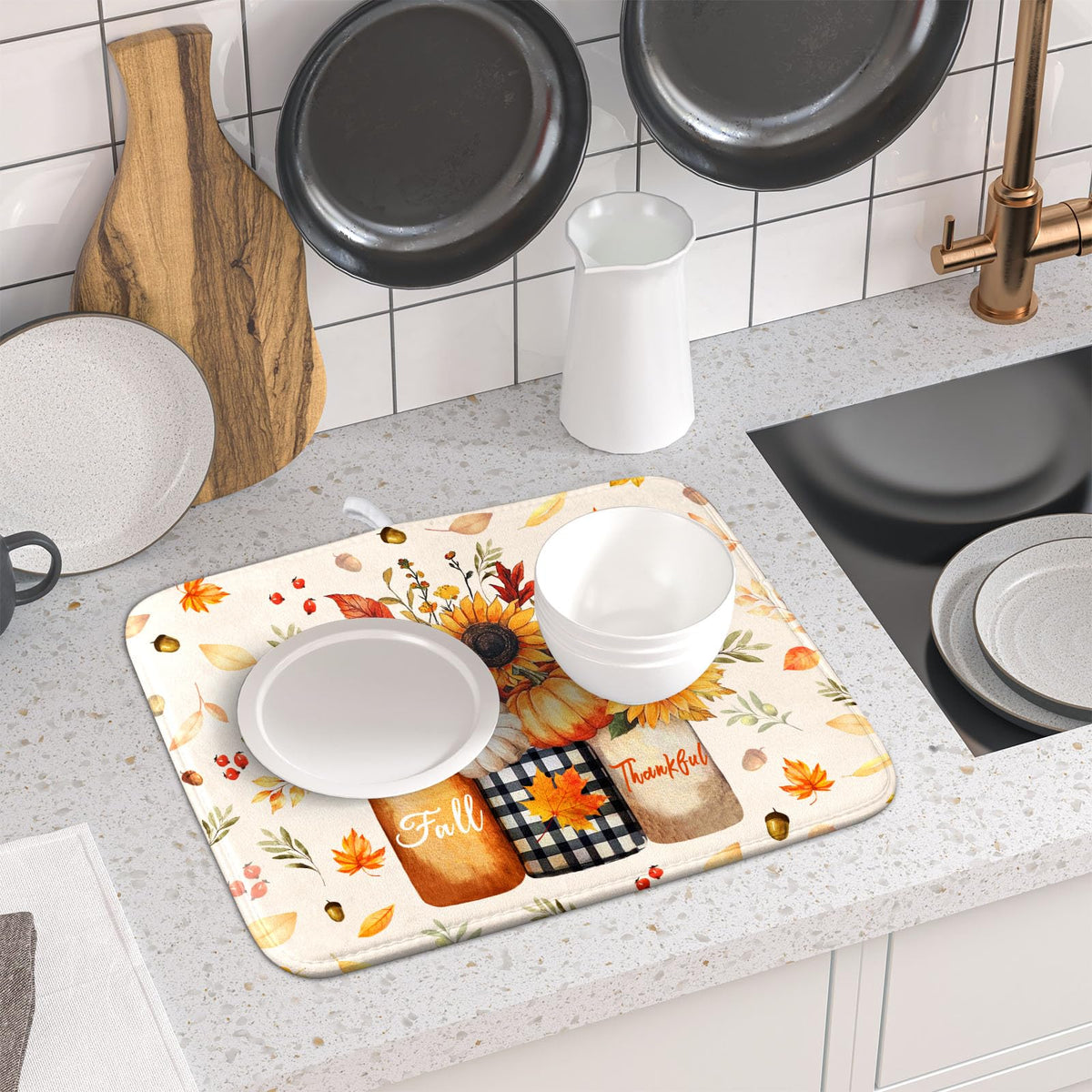 Autumn Sunflowers Vase Dish Drying Mat for Kitchen Counter (Autumn Sunflowers Vase / 16" x 18")