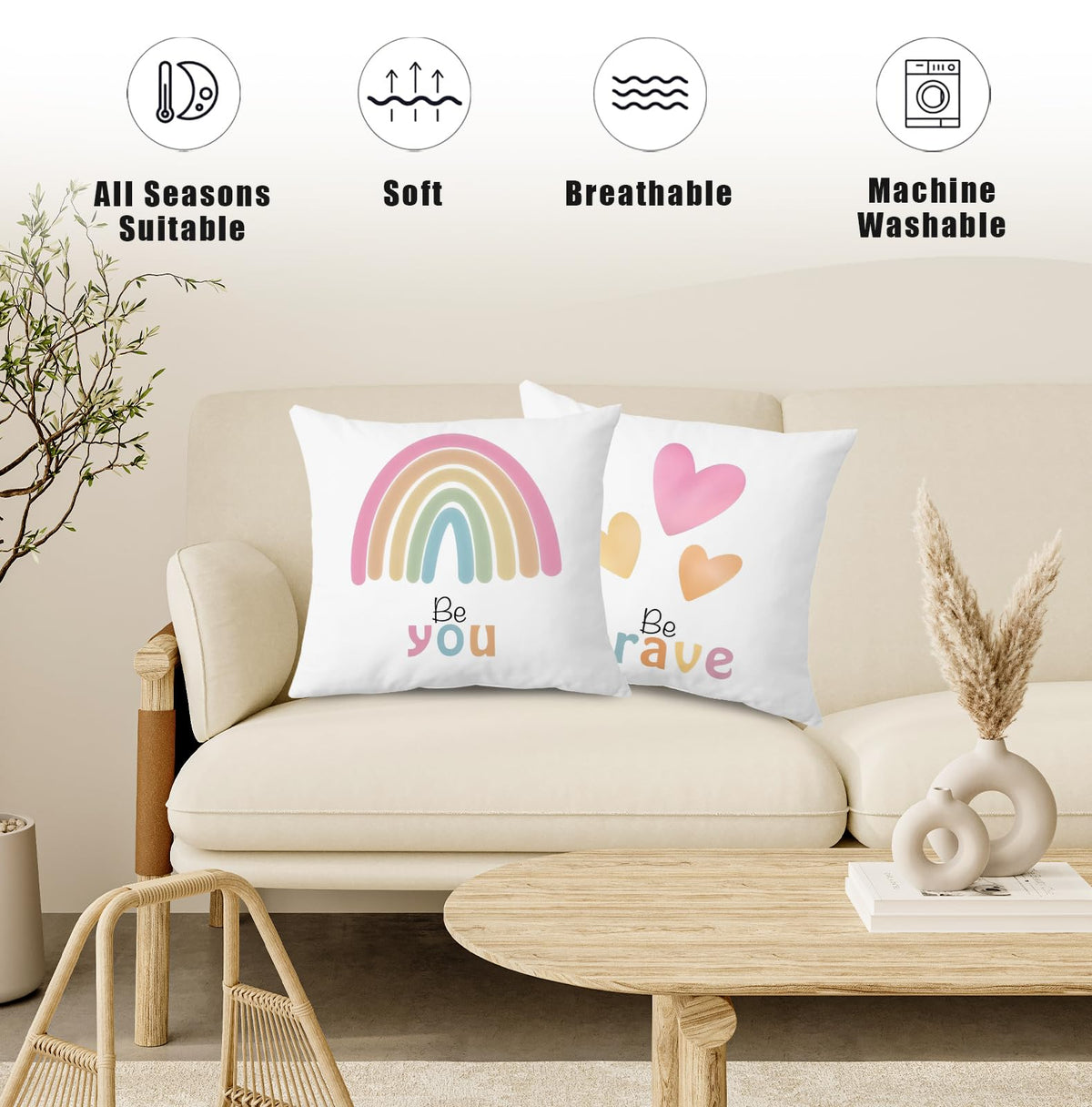 Boho Rainbow Heat Nursery Classroom Throw Pillow Covers 18x18 Set of 2 (Qt-bz-mental Health-boho Rainbow)