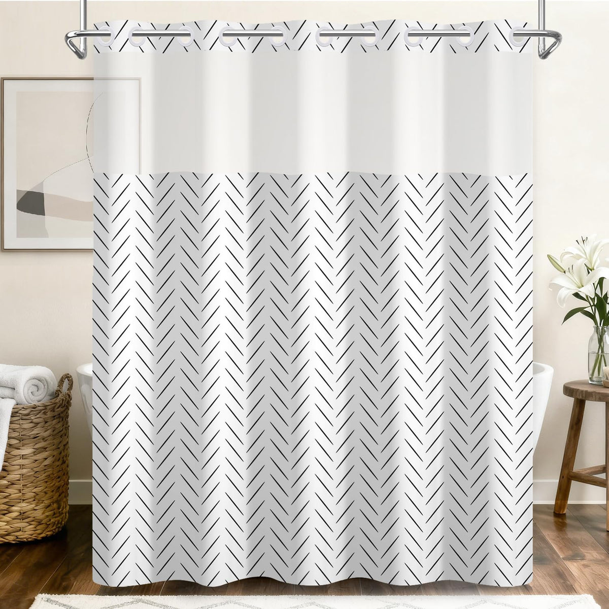 No Hook Shower Curtain with Snap in Liner (Herringbone Print)