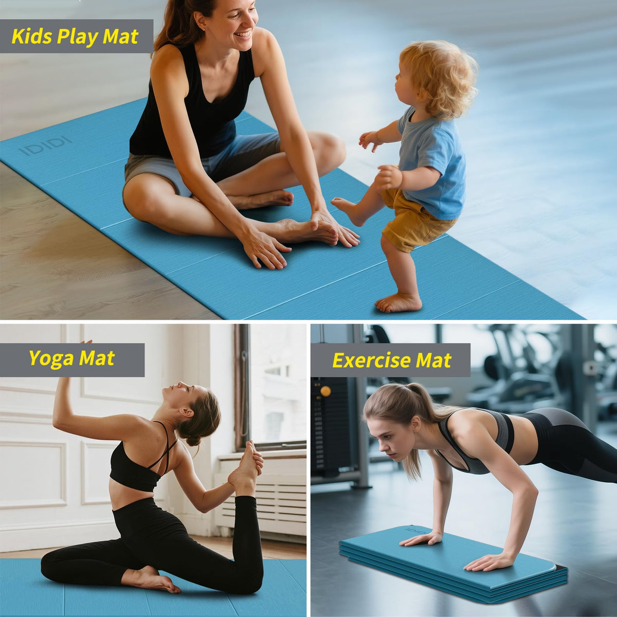 Foldable Yoga Mat Extra Large Wide 74"×31.5" (Blue+Black)