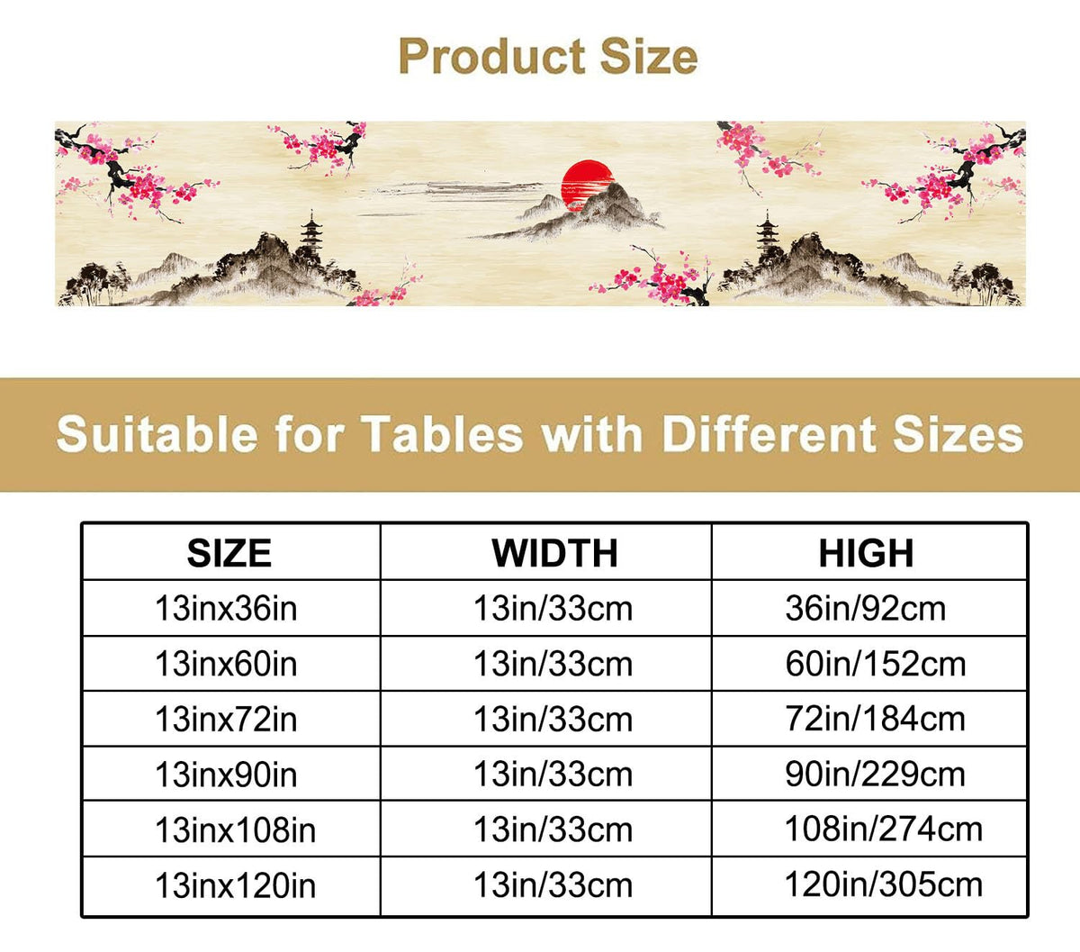 Japanese Cherry Blossom Table Runner Retro Spring Landscape Mountain Plum Floral Tabletop Decor Cover for Holiday Dining Room Party 13x90 Inch (13x90inch / Plum-1)