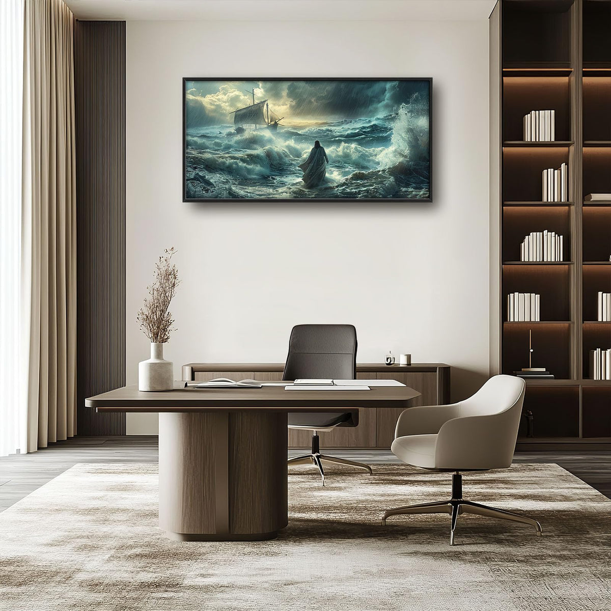 Christian Jesus Large Wall Art Beach Religious Pictures Wall Decor Coastal Ocean Canvas Painting Modern Artwork Home Decoration for Living Room Bathroom Bedroom Office Framed 60"x30" (Jesus / 60"L x 30"W)