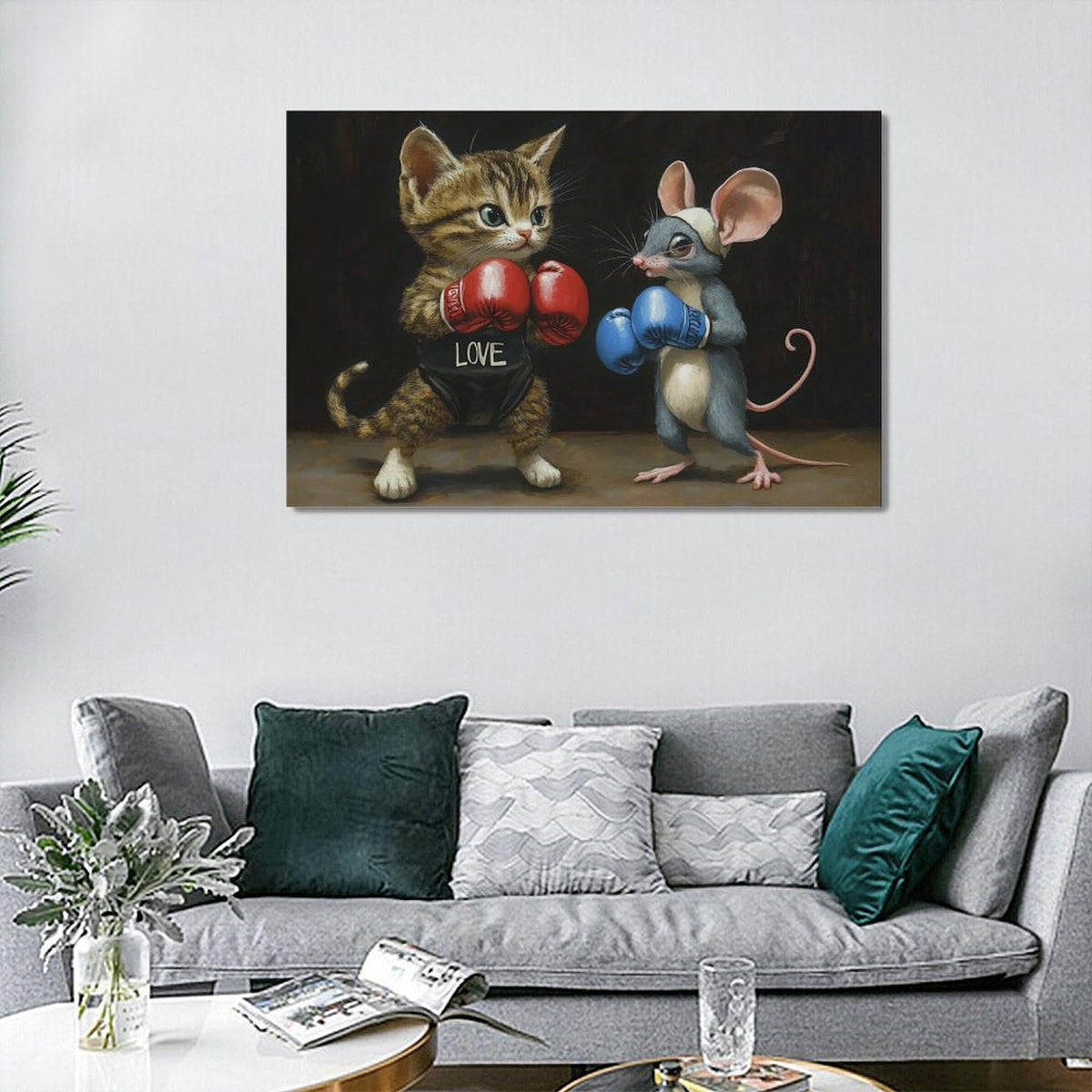 Cat And Mouse Wall Decor Funny Pictures Funny Cats Canvas Wall Art Painting Home Modern Artwork Decorations Framed for Living Room Bedroom Bathroom Office 24 x 16 inch (24L" x 16W" / Cat Mouse)