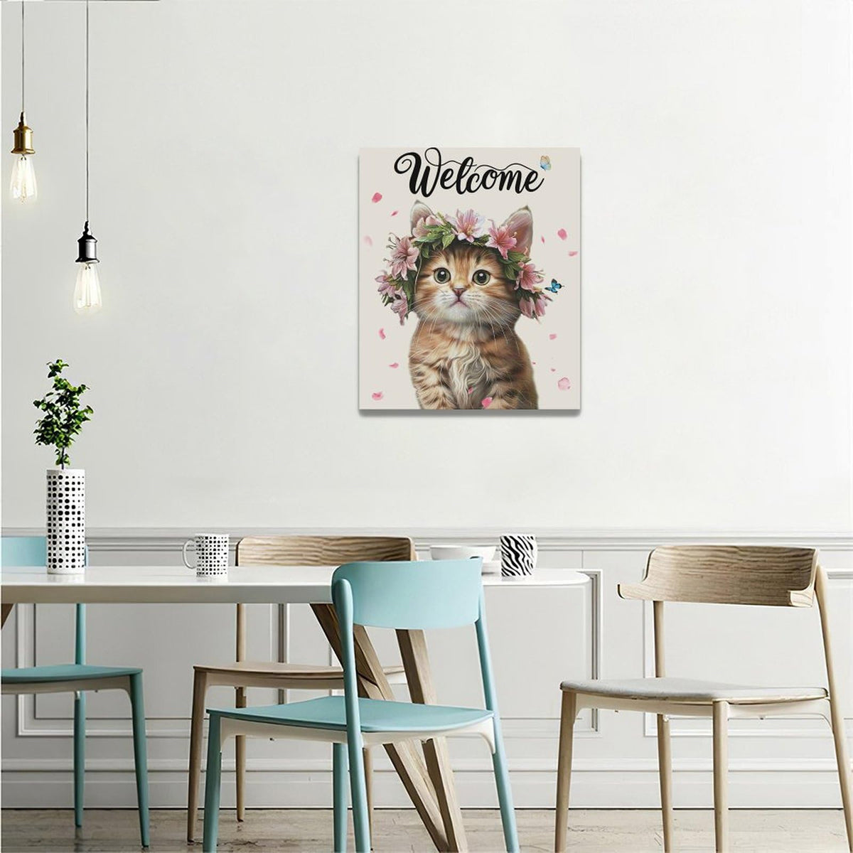 Cat Wall Art Welcome Cats Pictures Wall Decor Flower Cat Canvas Painting Home Modern Artwork Decorations Framed for Bathroom Living Room Bedroom Office 20 x 24 inch (24L" x 20W" / Cat)
