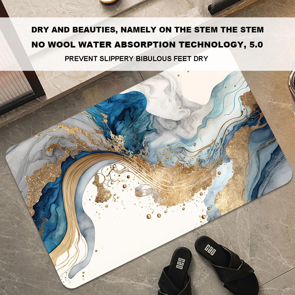 Bath Mat Bathroom Rug (Natural Blue and Gold Marble- / 17 x 27.5 inches)