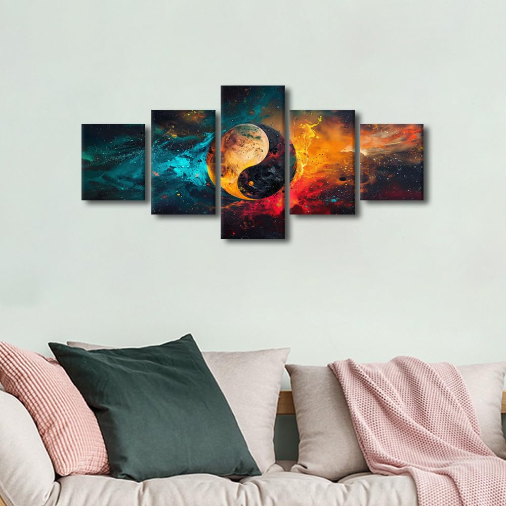 Canvas Wall Art Cosmic Yin Yang With Celestial Bodies Five Panel Framed Painting Modern Home Decor Space Theme Wall Art Galaxy Bedroom Decor Ready to Hang 50" Wx24 H (50''Wx24''H / Artwork-10)