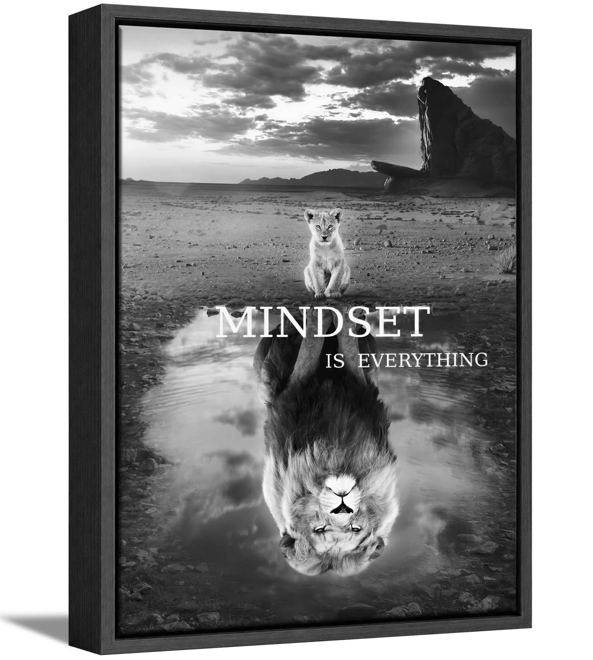 Framed Inspirational Lion Canvas Wall Art Mindset is Everything Black and White Picture Motivational Poster Print for Office Bedroom Classroom Man Cave Home Decoration (Framed Lion / 24"L x 16"W)