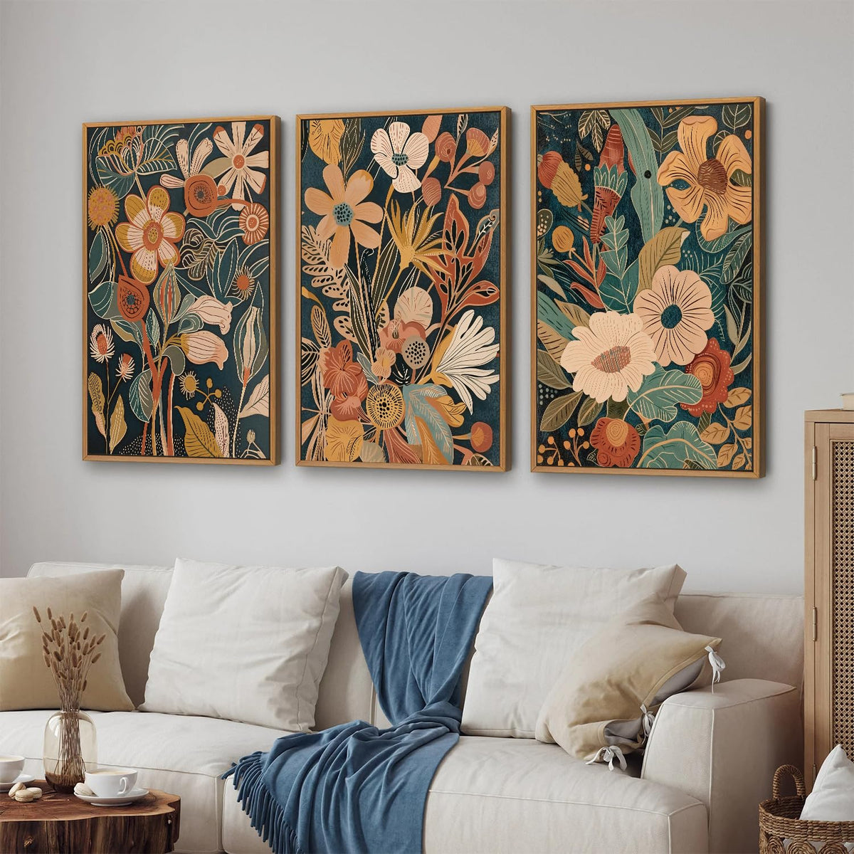 Vintage Burnt Orange Floral Framed Canvas Wall Art Set of 3 (Boho Flower / 36"L x 24"W)
