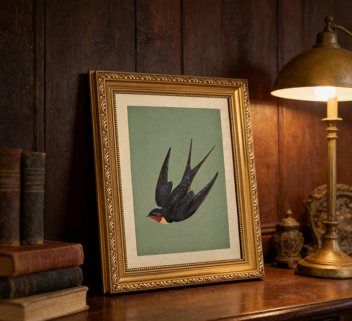 Vintage Gold Framed Swallow Wall Art (Retro Swallow Framed / 12"L x 16"W)