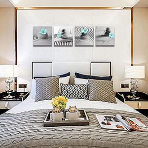 Gray Wall Art Zen Wall Art Teal Floral Paintings Black and White Decor Zen Stone Sand Pebble Canvas Flower Artwork for Wall Home Decoration Bathroom Wall Decor 12''x12''x4pcs (Teal Gray Wall Art / 12"L x 12"W x 4 pcs)