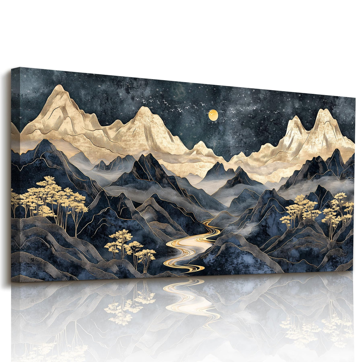 Modern Mountain Large Wall Art for Living Room Luxury Black Gold (Indigo Golden Mountain / 48"L x 24"W)