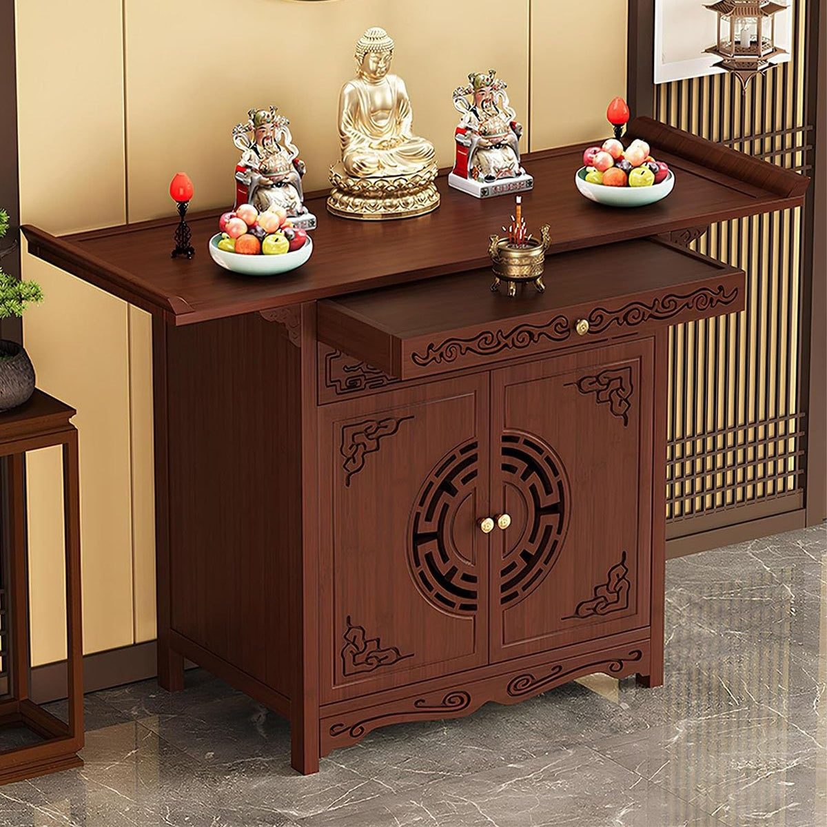 Altar Table Meditation Table with Cabinet Door (Red / 66*40cm/26*15.7in)