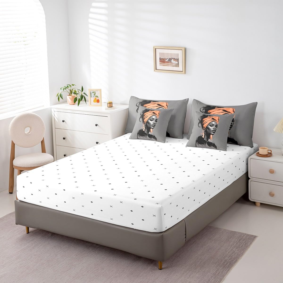 Black Women Comforter Set with Sheets Full Size African American Woman 7 Piece Bedding Set All Season Teens Orange Abstract Bed in A Bag Breathable Soft Lightweight Modern Room Decor (Light Gray Orange / Full)