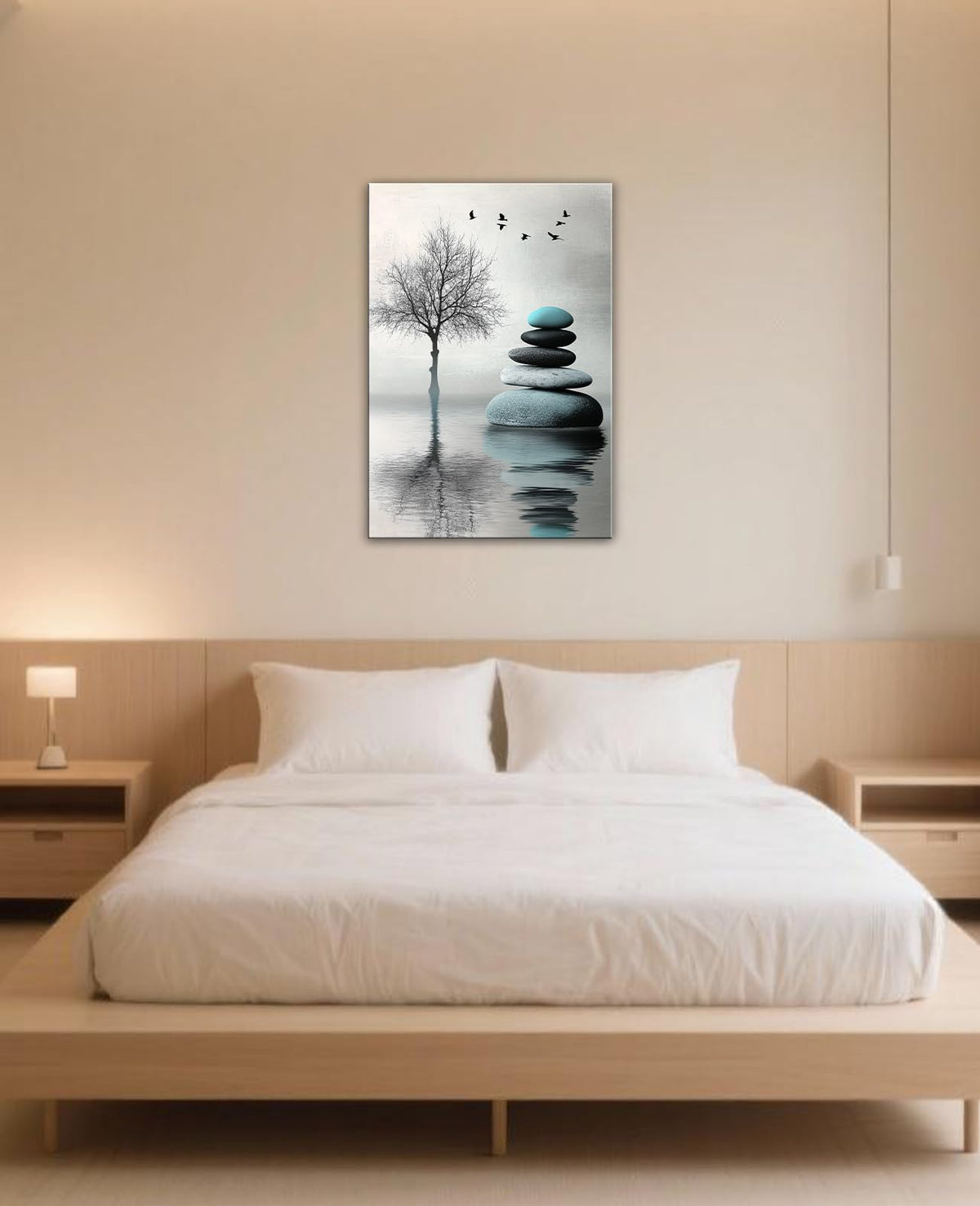 Zen Stones Tree Canvas Wall Art Water Spa Stone Reflection Pictures Minimalist Nature Art Zen Meditation Calming Home Decor for Living Room Bathroom (Artwork-2 / 30"L x 20"W)