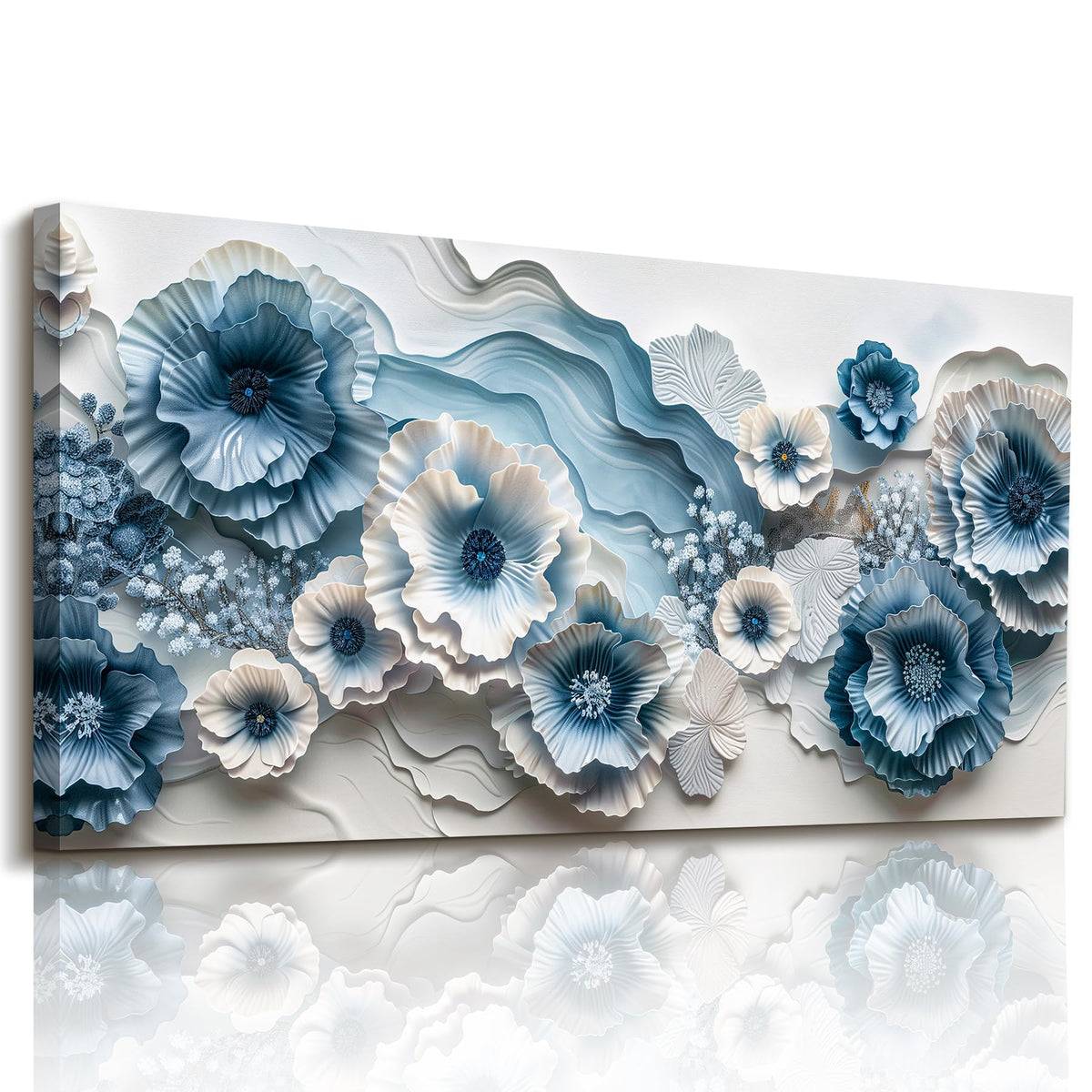 Modern Floral Large Wall Art Flower Nature Decor Blue and White (Blue and White Floral / 40"L x 20"W)