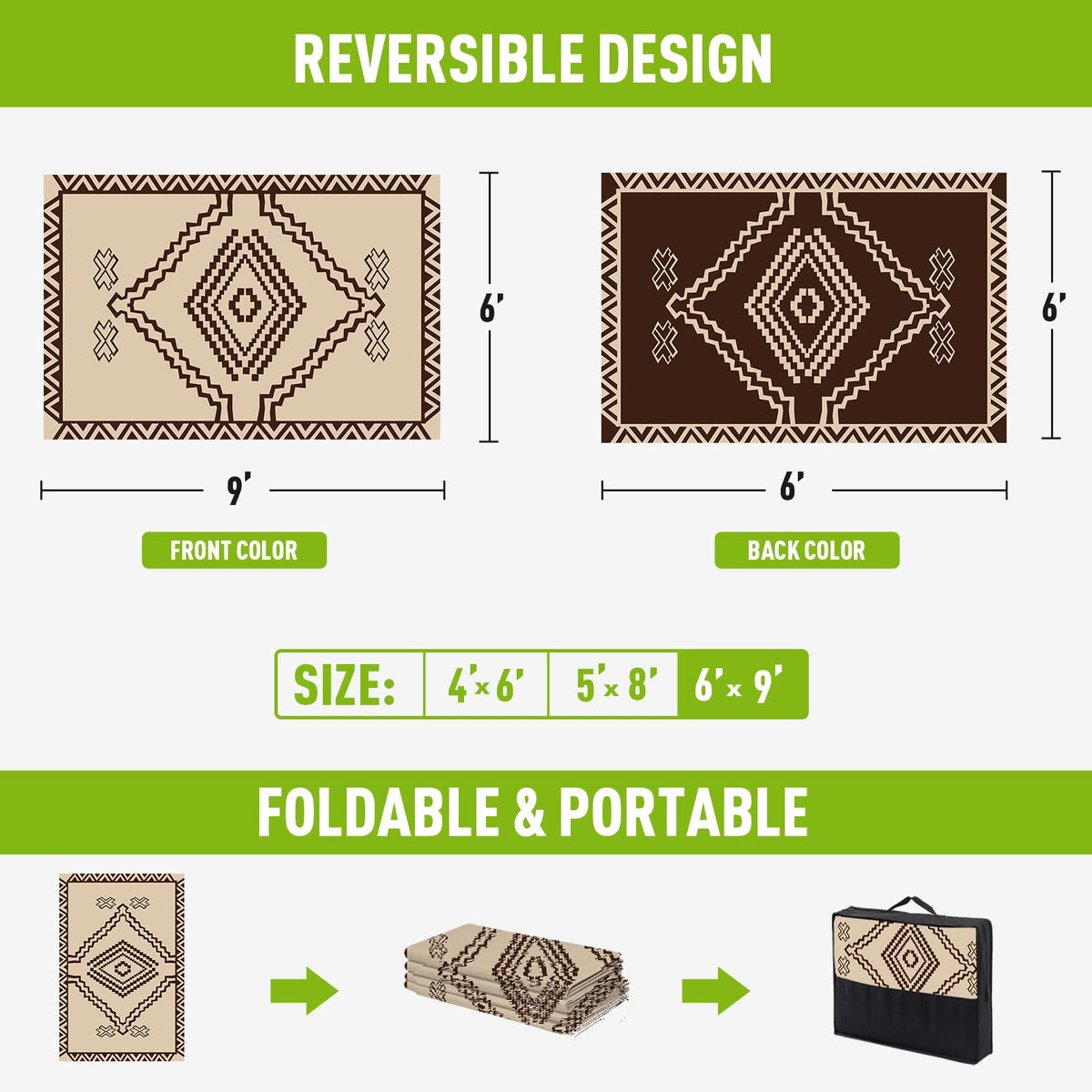 Beige Brown Geometric Rug 6x9 FT Defines Space Mat for Patio Deck Camping (Del Diamond / 6x9 Feet)